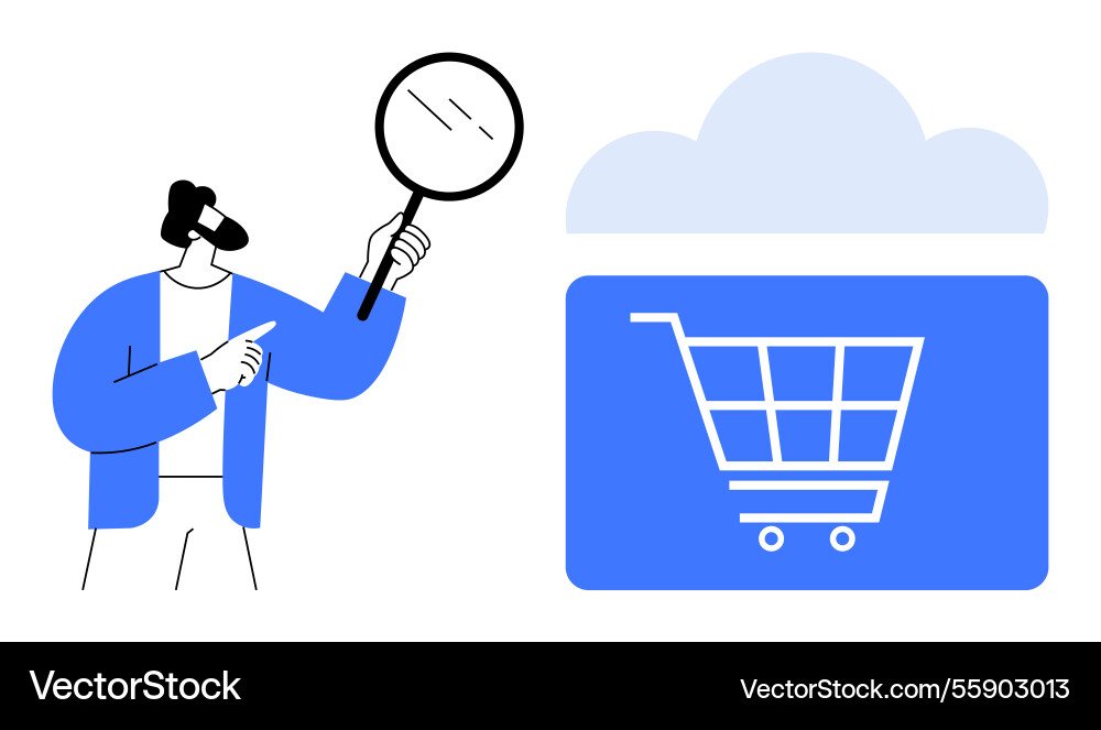 Man analyzing cloud-based e-commerce cart Man analyzing cloud-based e-commerce cart vector image