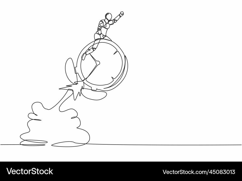 Single one line drawing robot riding alarm clock Single one line drawing robot riding alarm clock vector image