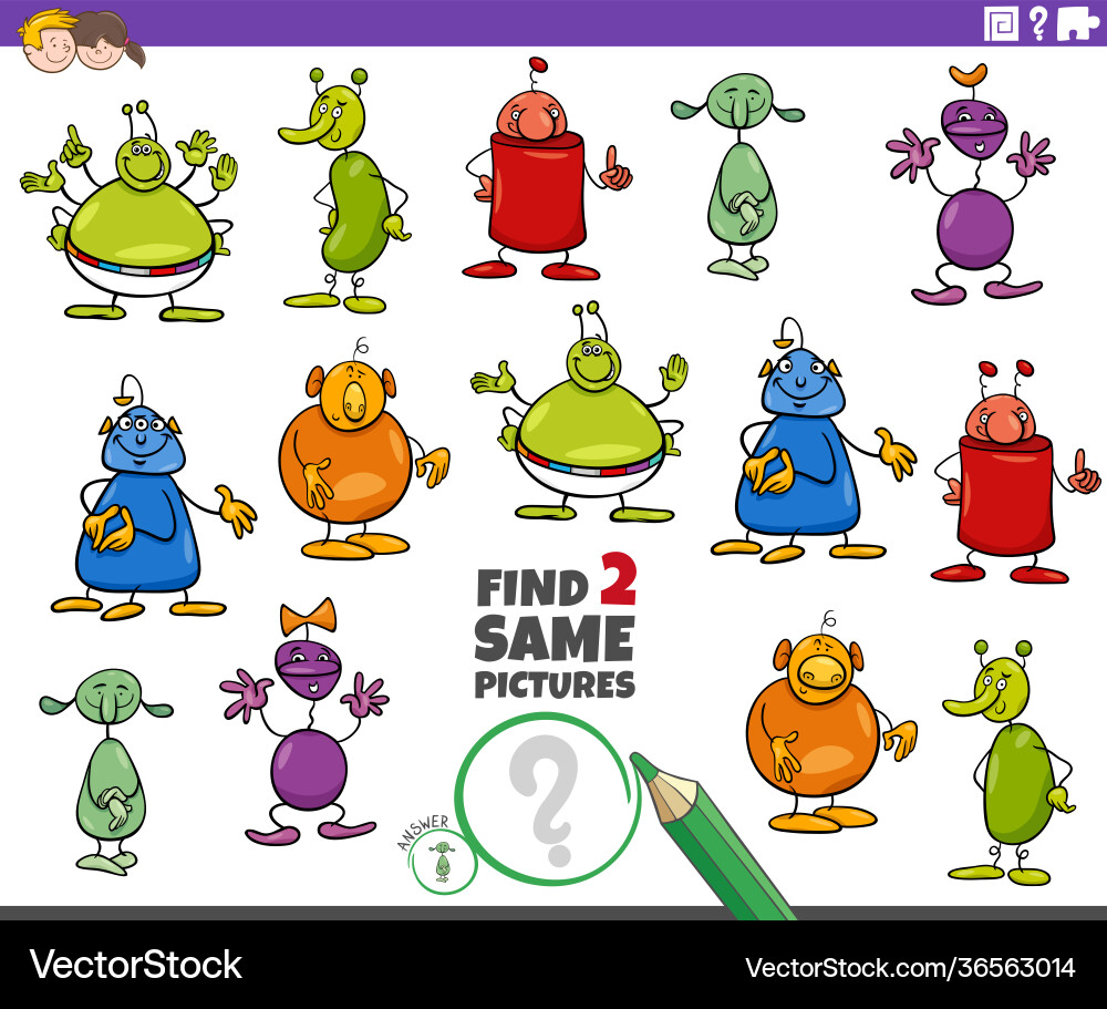 Find two same aliens or weirdos characters Find two same aliens or weirdos characters vector image