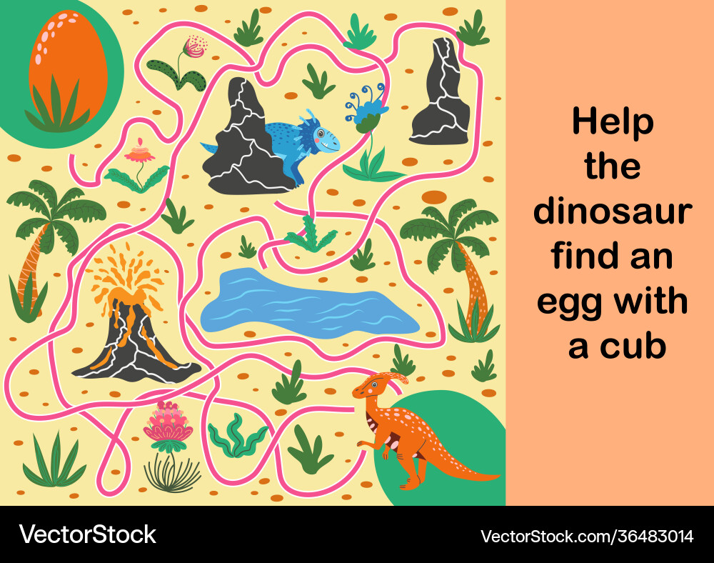 Help dinosaur find path to nest labyrinth maze Help dinosaur find path to nest labyrinth maze Vector Image