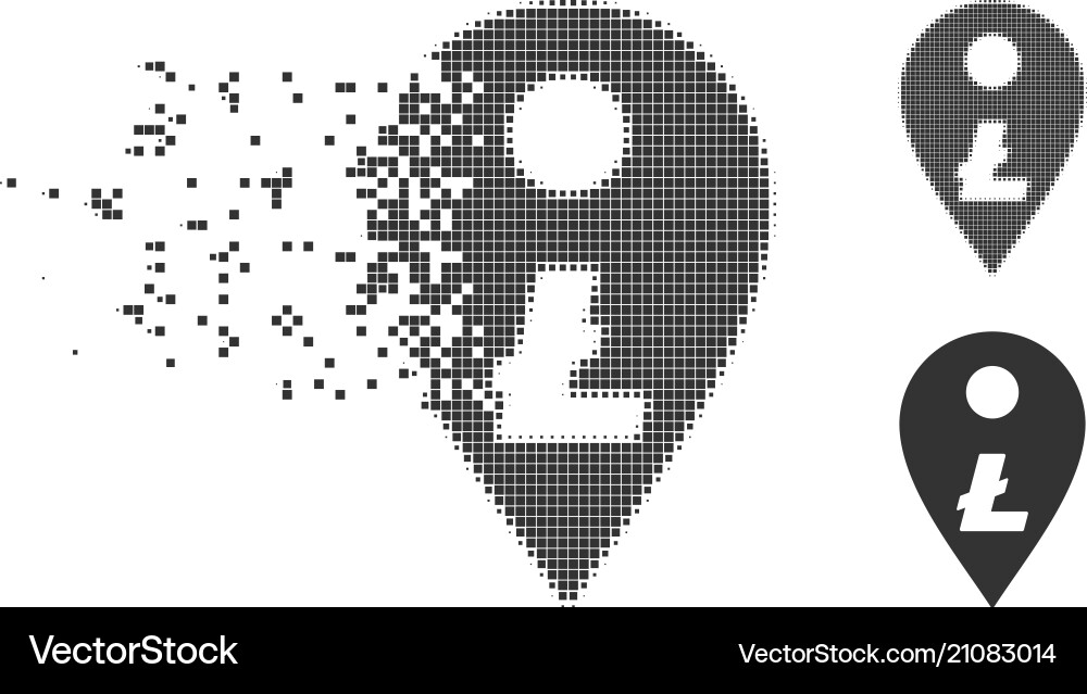 Litecoin map marker disintegrating pixel halftone Litecoin map marker disintegrating pixel halftone vector image