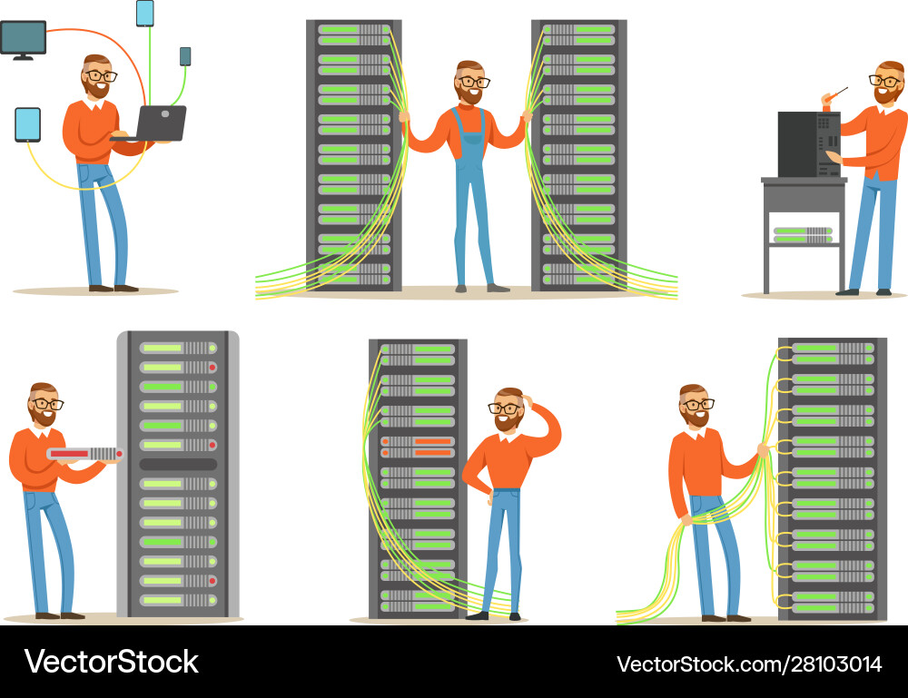 Man engineer working in server room digital Man engineer working in server room digital vector image