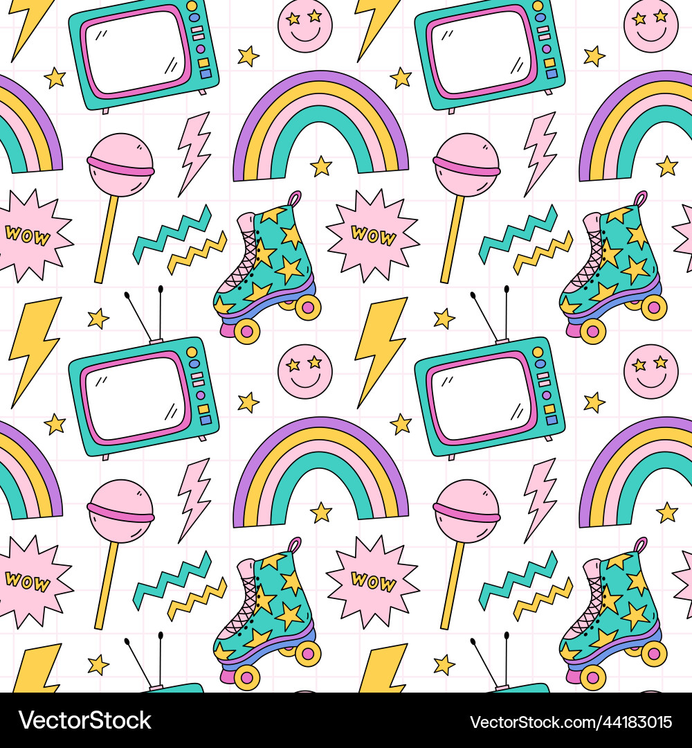 Bright seamless pattern with items from the 90s Bright seamless pattern with items from the 90s vector image