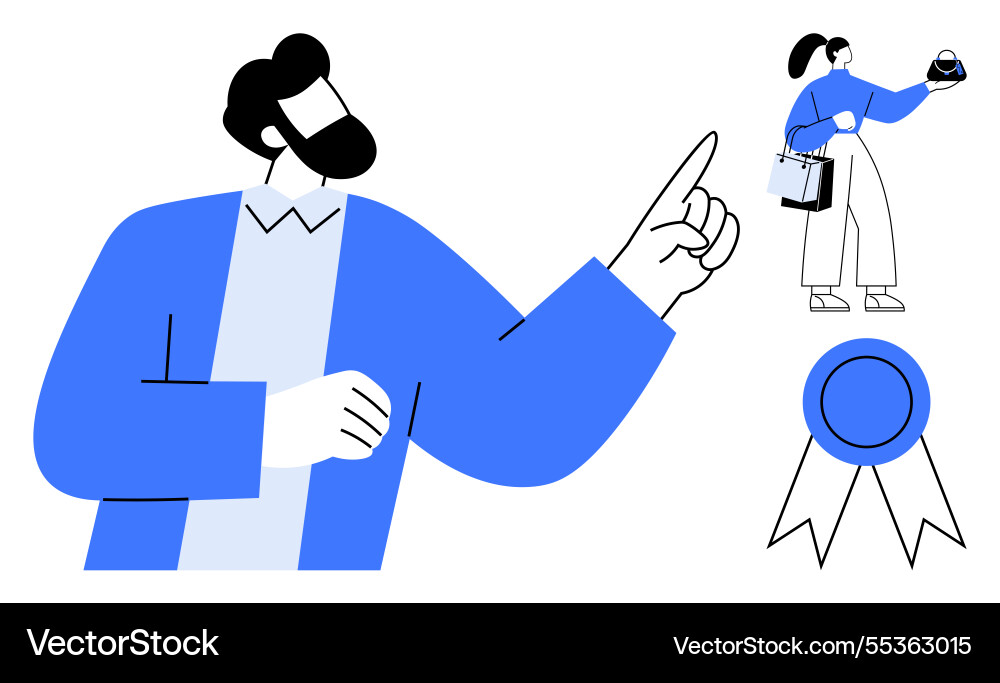 Man pointing with small figure holding globe Vector Image