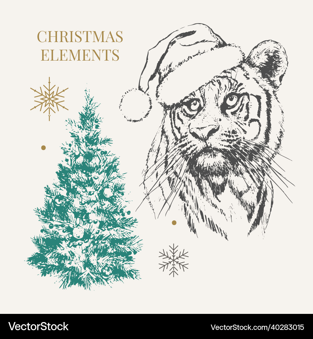Tiger in christmas hat print on a postcard Tiger in christmas hat print on a postcard vector image