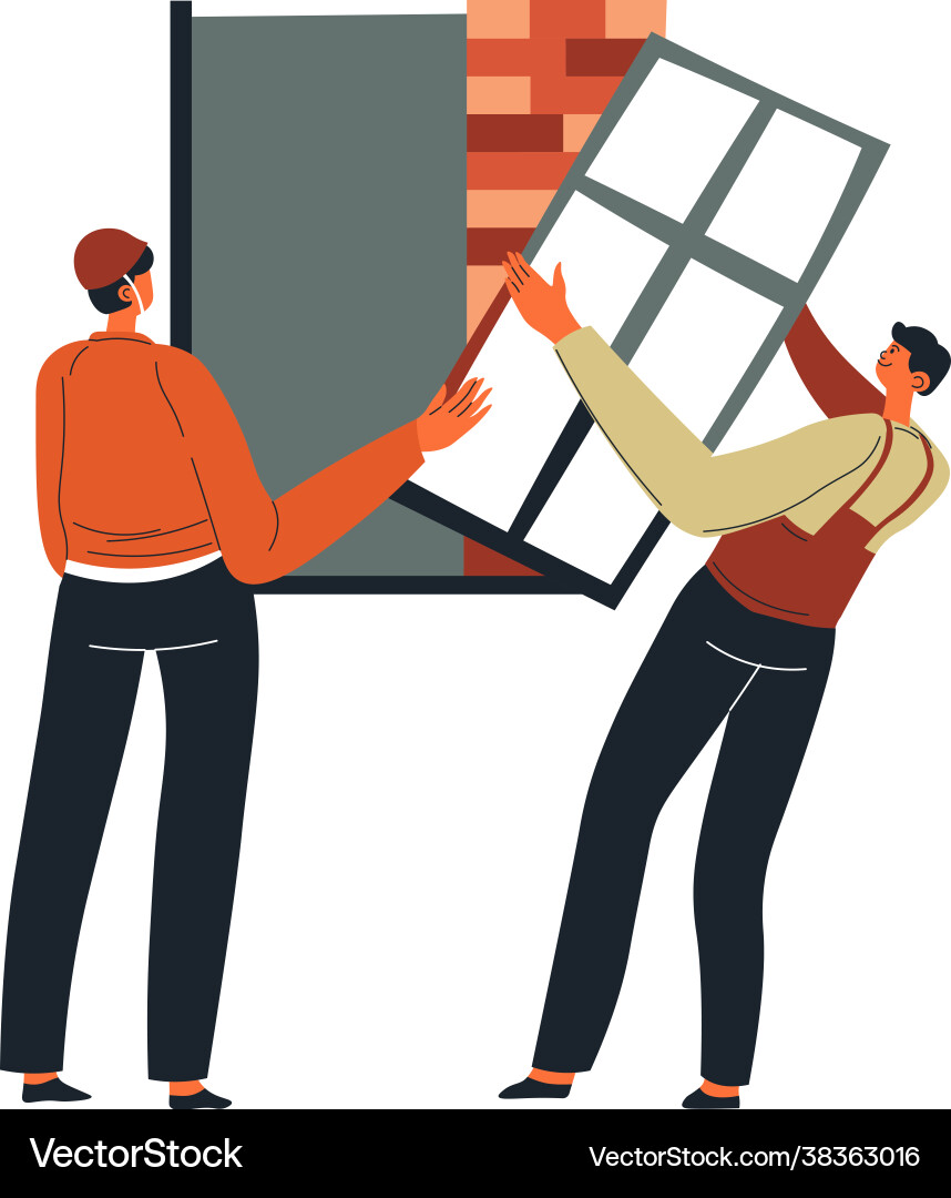 Construction Workers Installing Window Vector Image