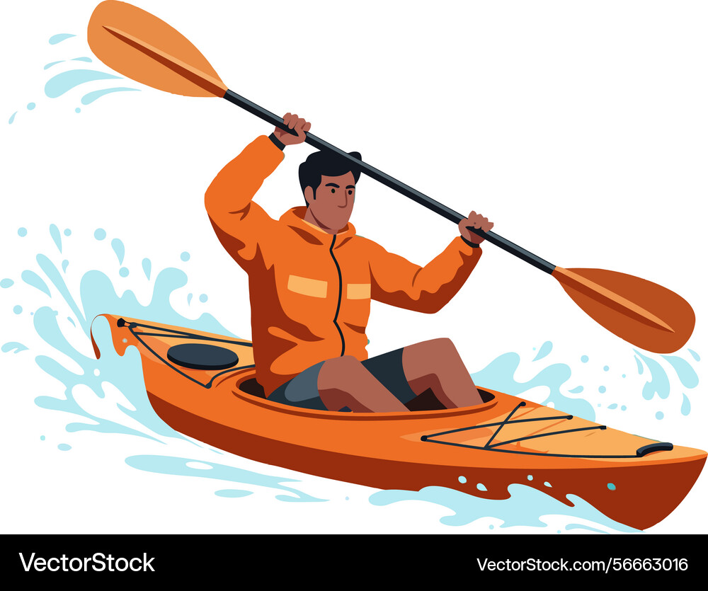 Man kayaking in orange kayak with paddle Man kayaking in orange kayak with paddle Vector Image