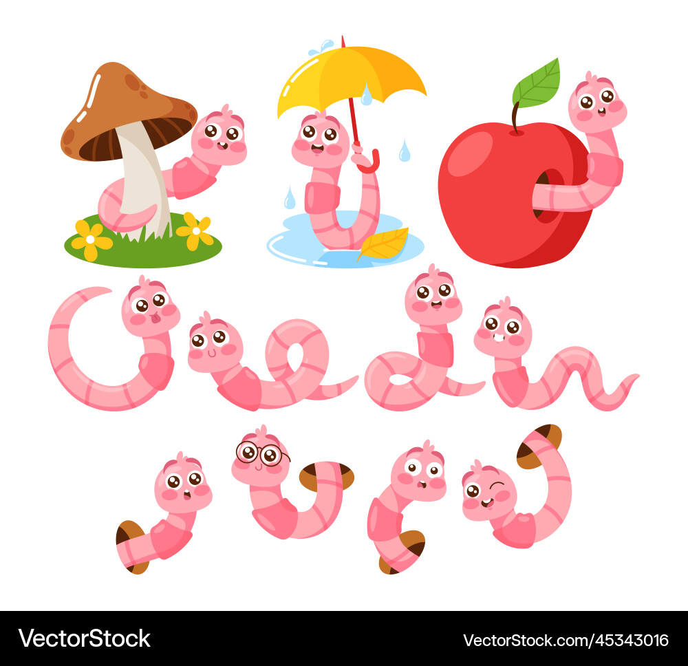 Set of earth worms cartoon characters soil Set of earth worms cartoon characters soil vector image