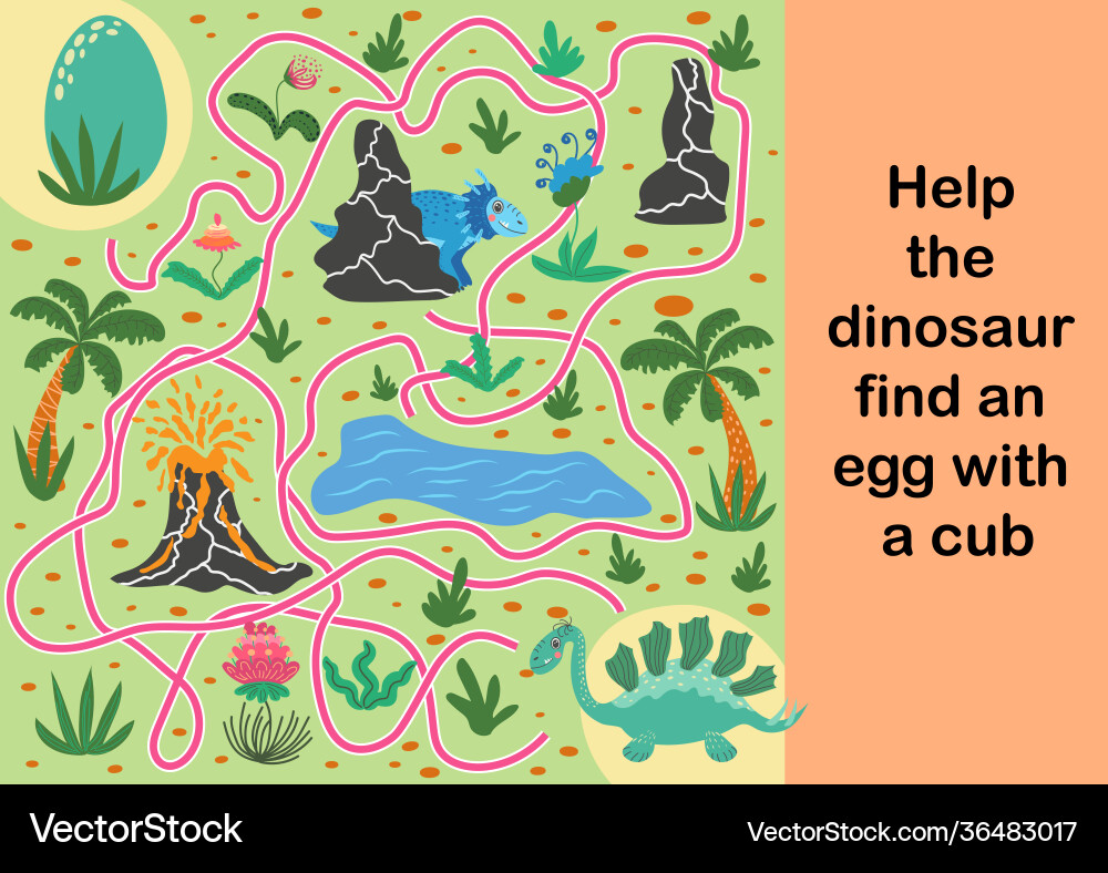 Help dinosaur find path to nest labyrinth maze Help dinosaur find path to nest labyrinth maze vector image
