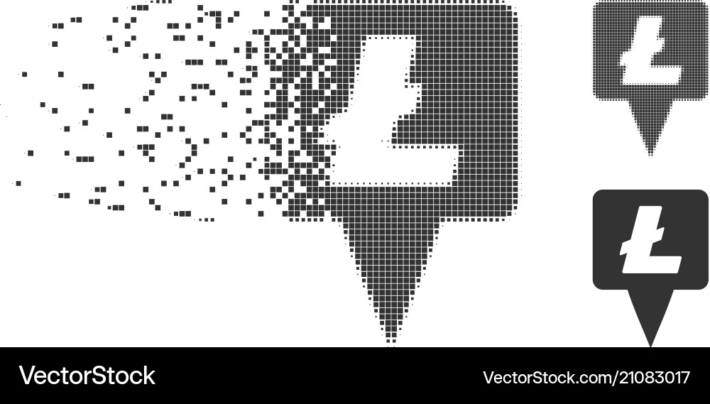 Litecoin map pointer disintegrating pixel halftone Litecoin map pointer disintegrating pixel halftone vector image