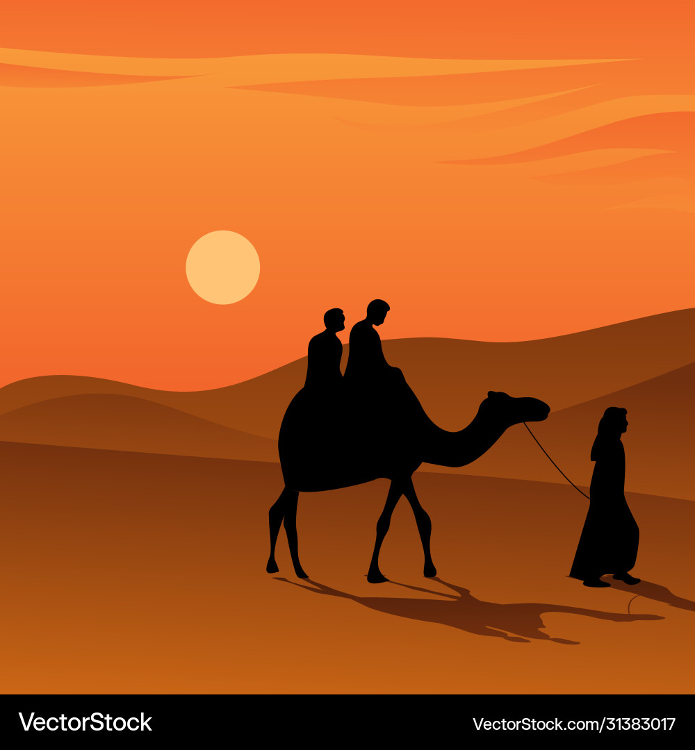 People riding camel during sunset on desert People riding camel during sunset on desert vector image