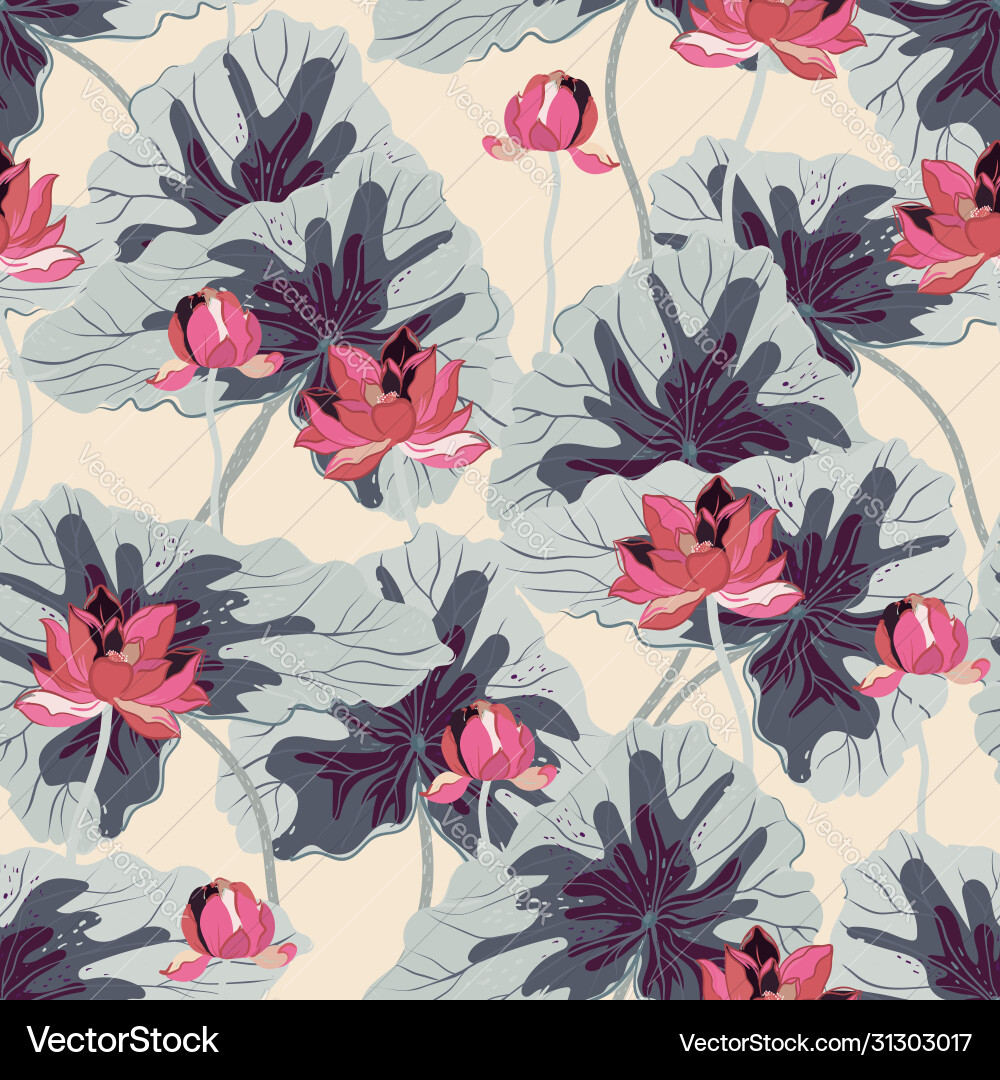 Red lotuses with large green leaves on a gentle Red lotuses with large green leaves on a gentle vector image