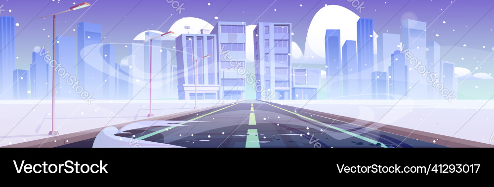 Road to winter city empty highway with lamps vector image