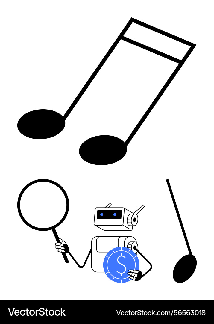 Robot analyzing musical notes with magnifier while Robot analyzing musical notes with magnifier while Vector Image