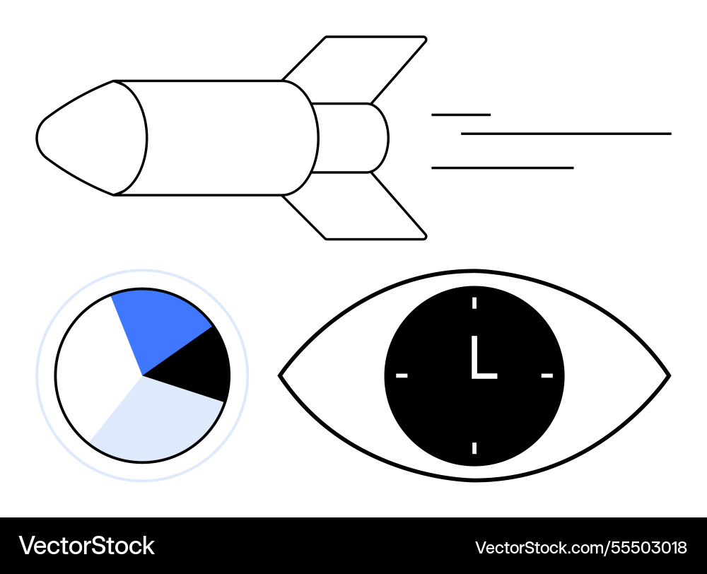 Rocket with speed lines pie chart and eye Rocket with speed lines pie chart and eye vector image