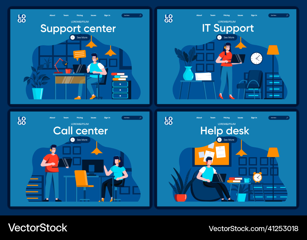 Support service flat landing pages set helpline Vector Image