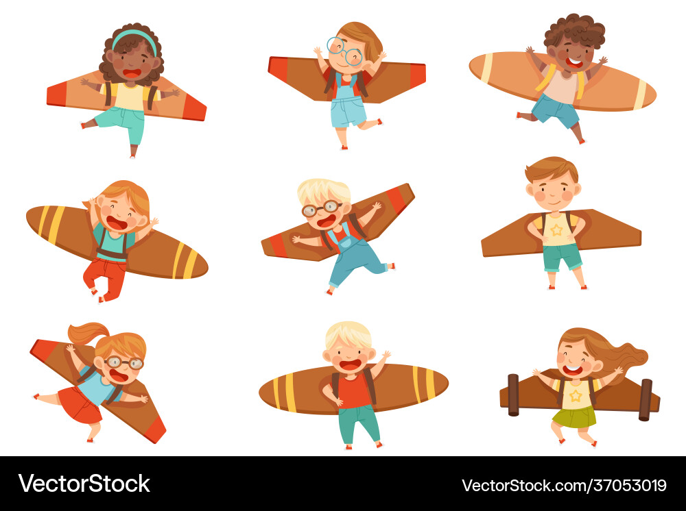 Fröhliche Kinder mit improvisierten Fake Flügeln fliegen Fröhliche Kinder mit improvisierten Fake Flügeln fliegen vektorbild
