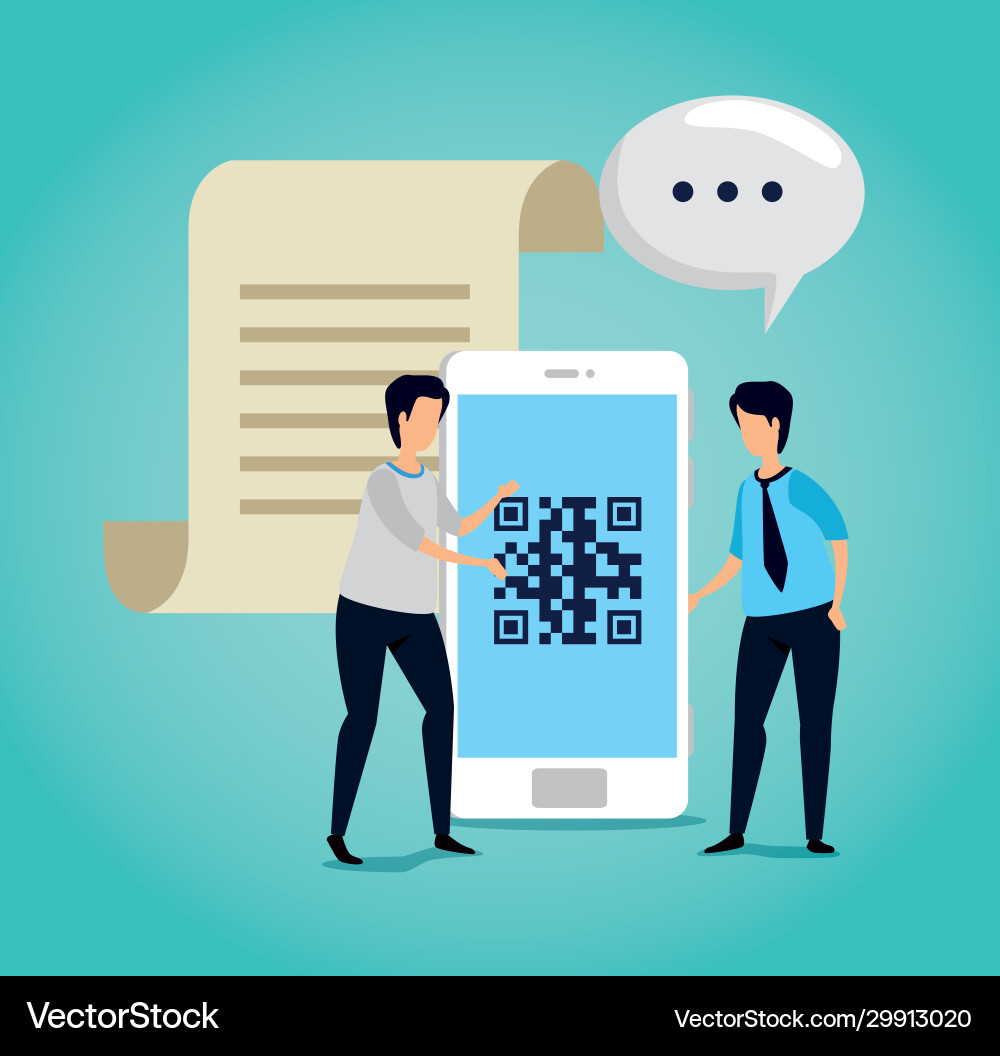 Code qr in smartphone with businessmen and icons Vector Image