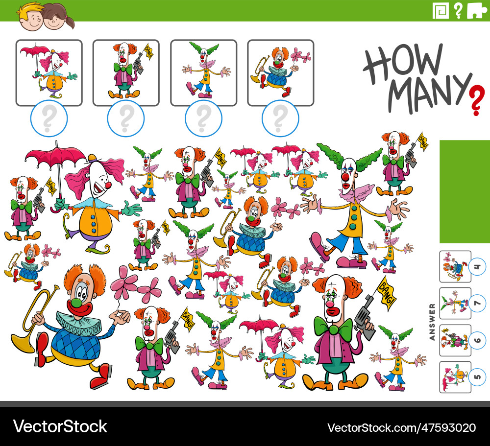 How many cartoon clowns characters counting How many cartoon clowns characters counting vector image