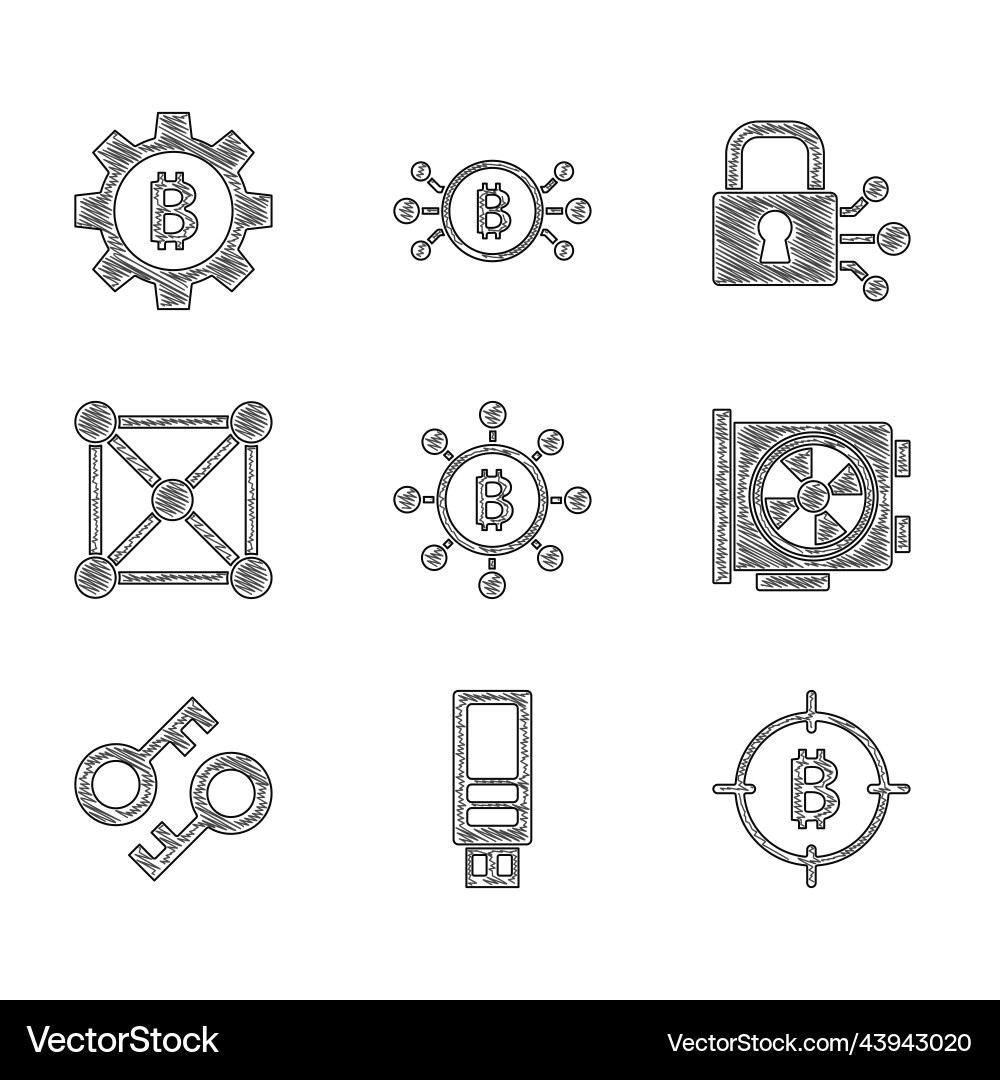 Set blockchain technology bitcoin usb flash drive vector image