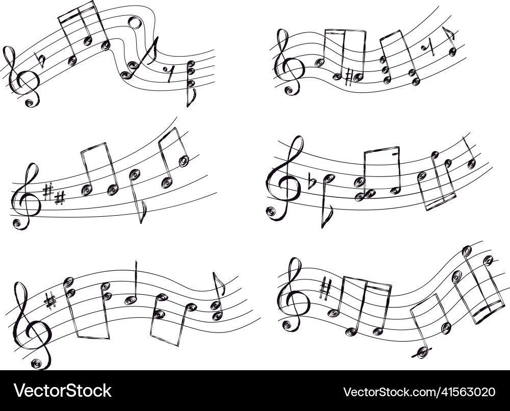 Sketch curved musical staff with notes clefs Sketch curved musical staff with notes clefs vector image