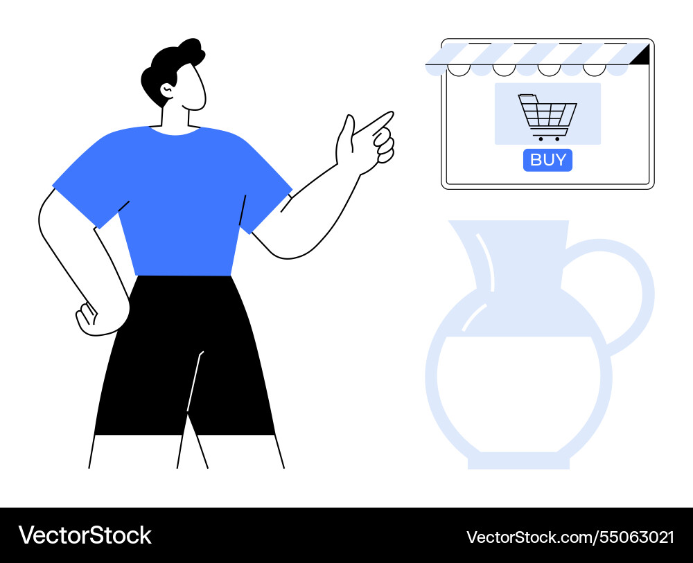 Man pointing at online store display with shopping Man pointing at online store display with shopping vector image