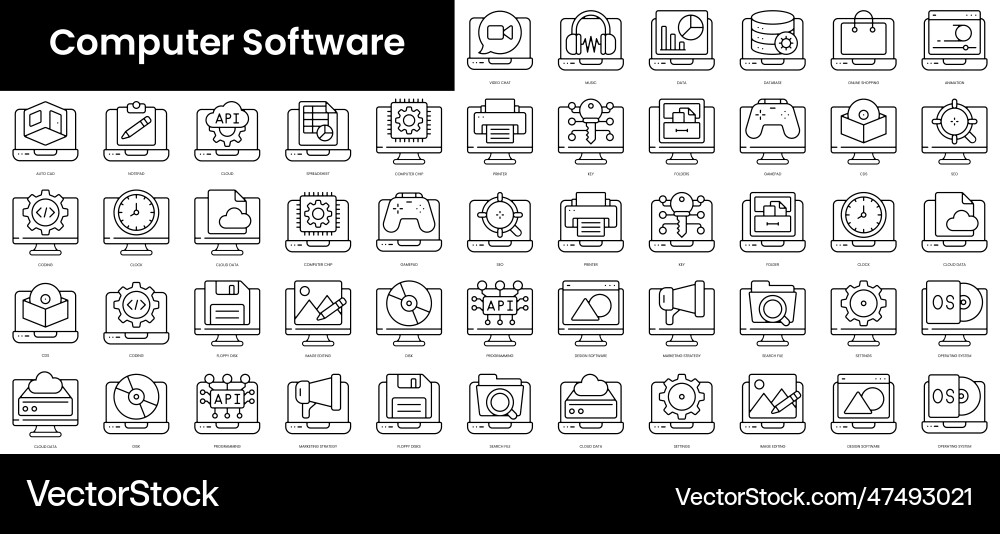 Set of outline computer software icons minimalist vector image