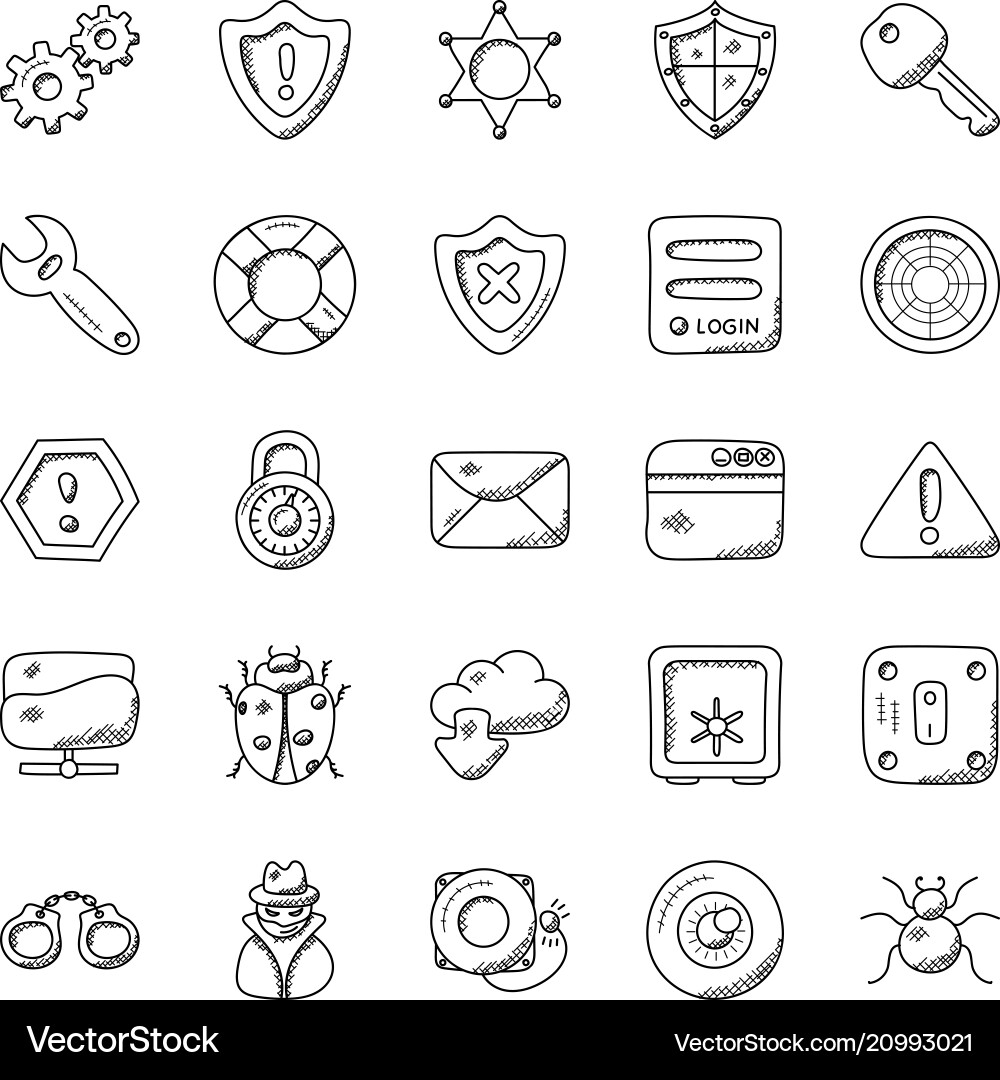 Sicherheit Doodle Icon Set Vektorbild