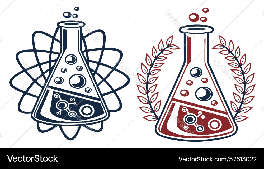 Laboratory flask with laurel wreath and atom Vector Image