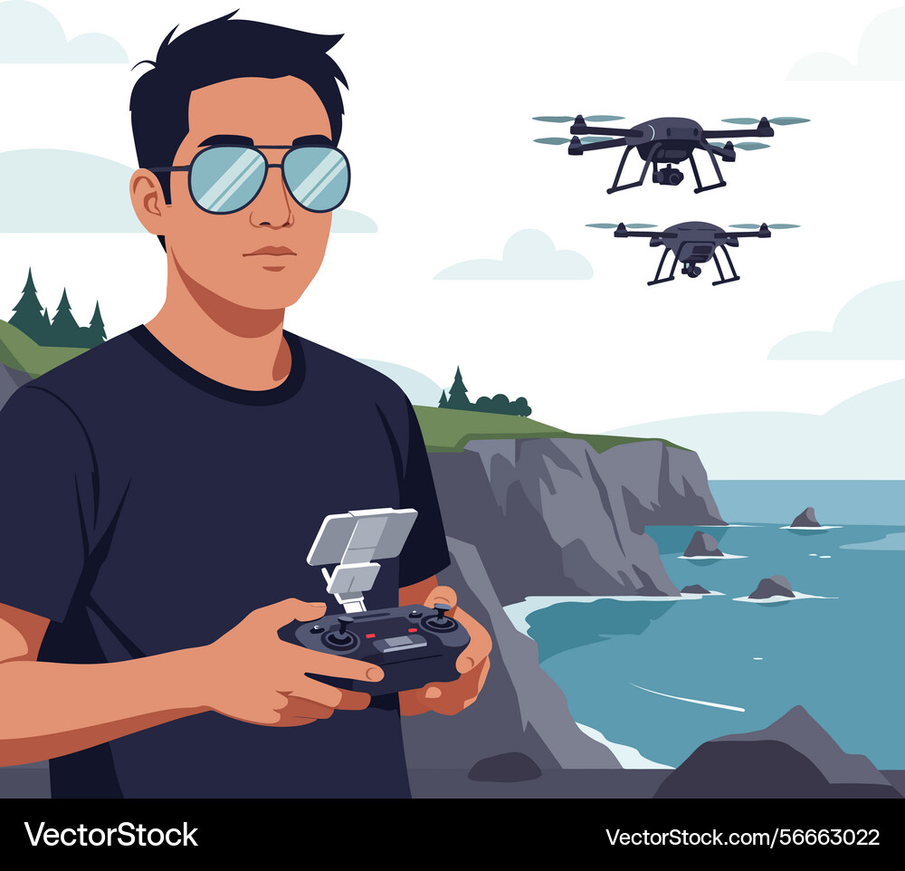 Man operating drones with remote controller near Man operating drones with remote controller near vector image