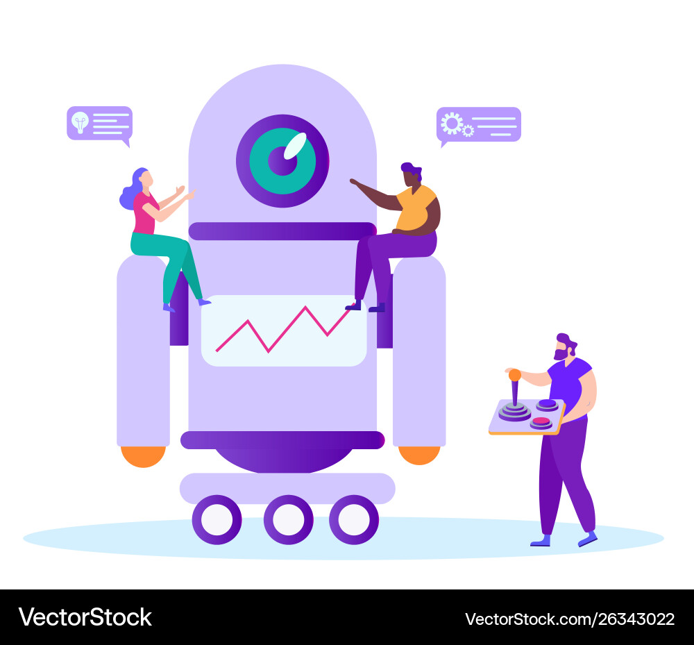 Man remote control in hand teamwork with robot vector image