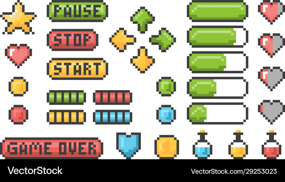 8-bit Pixel Game UI Elements vector image
