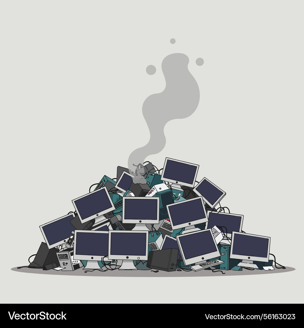 A large pile of discarded computers in flat A large pile of discarded computers in flat vector image