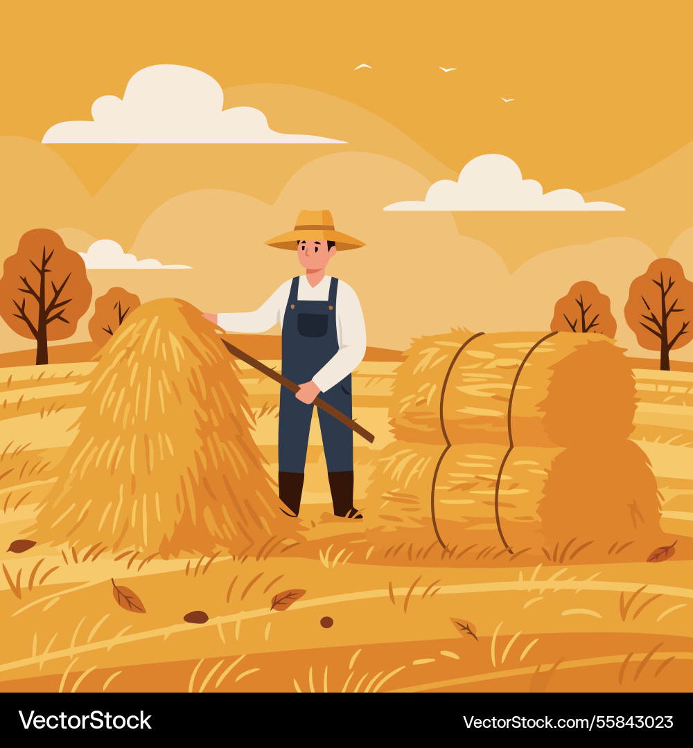 Farmer working in field with haystack and rolls Vector Image