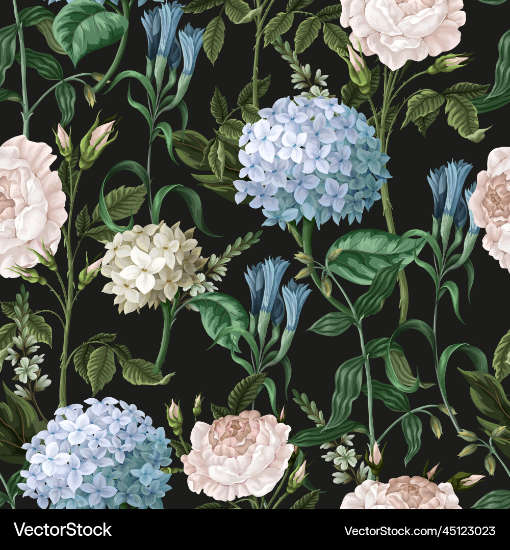 Seamless pattern with hydrangeas and roses Seamless pattern with hydrangeas and roses vector image