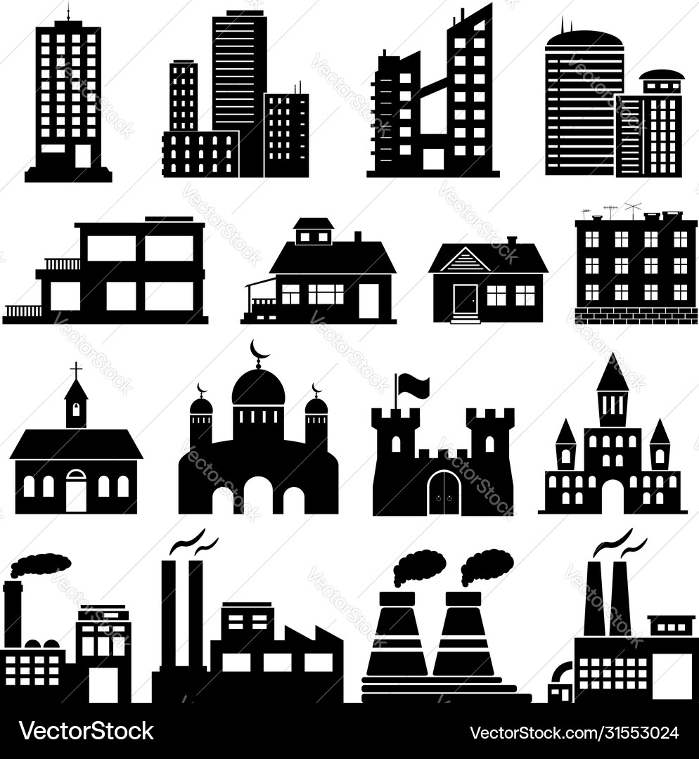 Building Icon Set - Diverse Structures Vector Image
