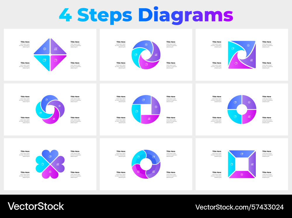 Diagrams set displaying four step processes ideal Diagrams set displaying four step processes ideal vector image
