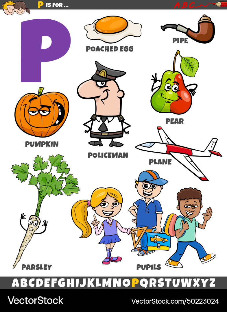 Letter p set with cartoon objects and characters Letter p set with cartoon objects and characters vector image