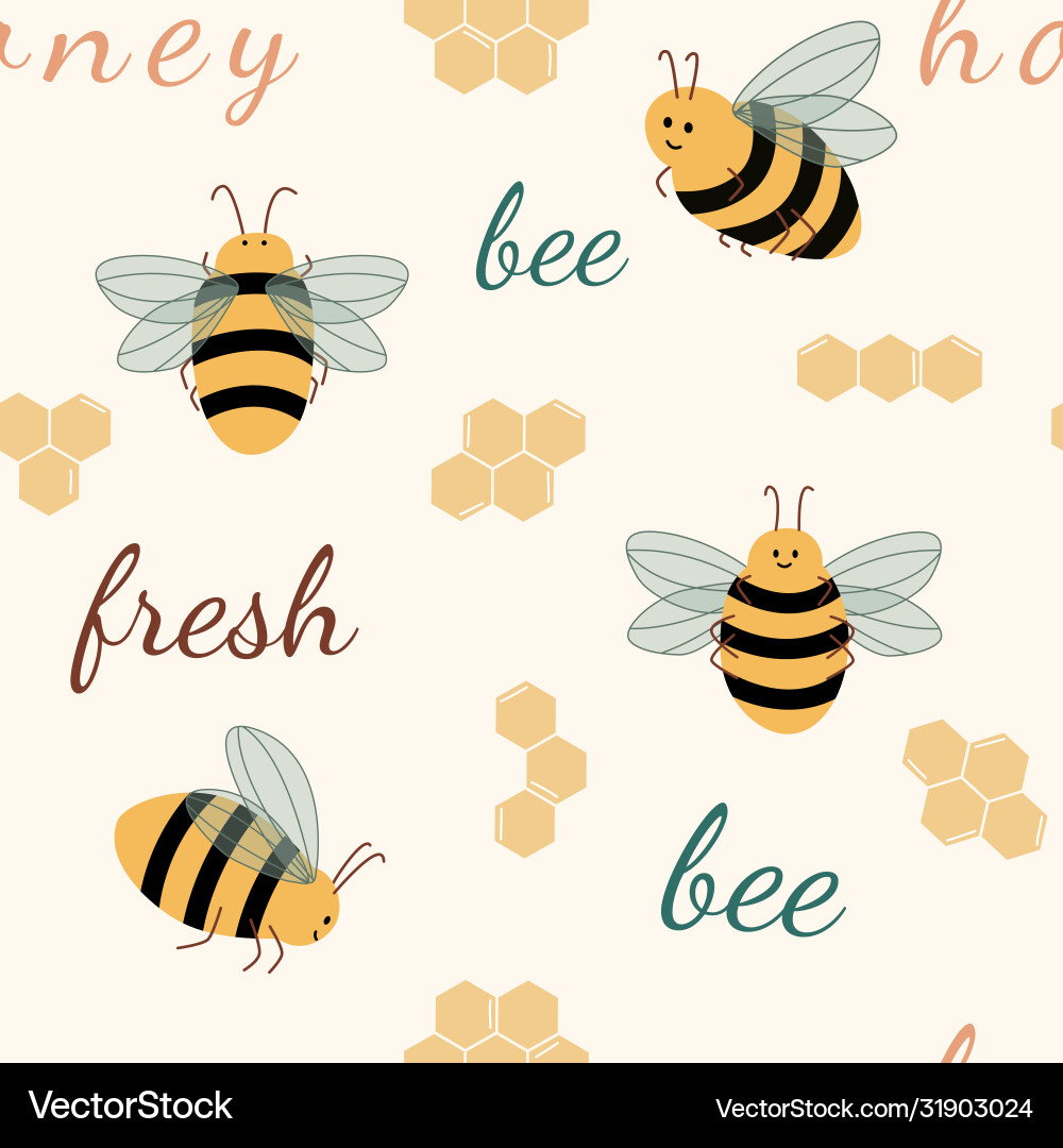 Seamless pattern with bees fresh text honeycomb Vector Image