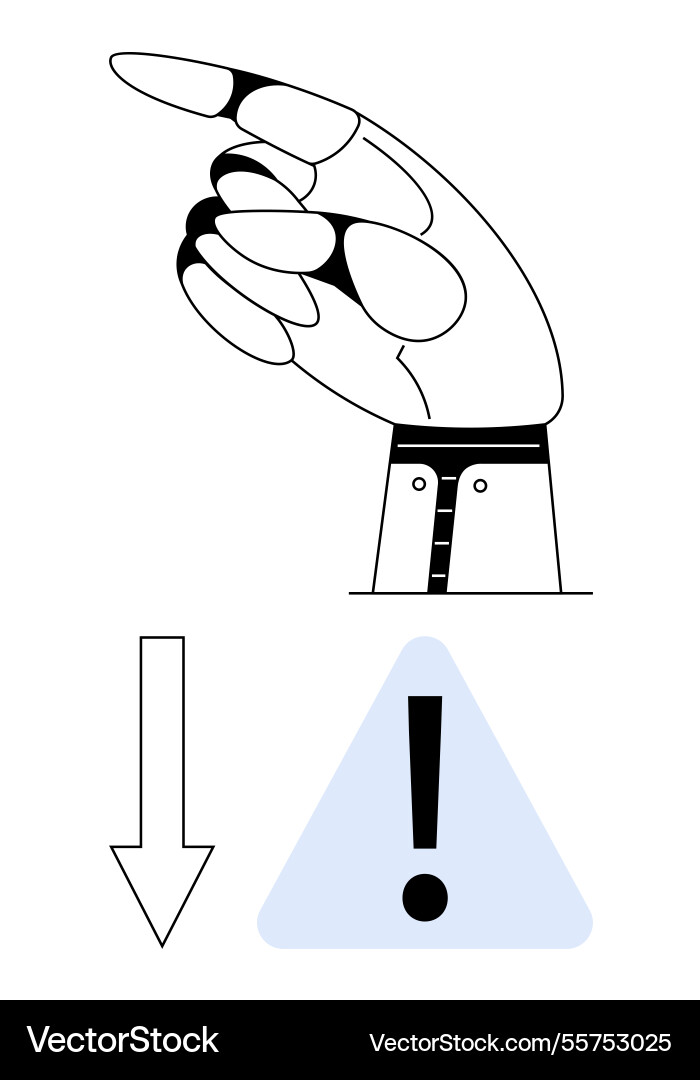 Robotic hand pointing downward with warning Robotic hand pointing downward with warning vector image