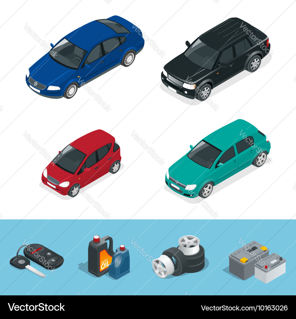 Auto isometrische Reifen Service Auto Reparatur Icons Vektorbild