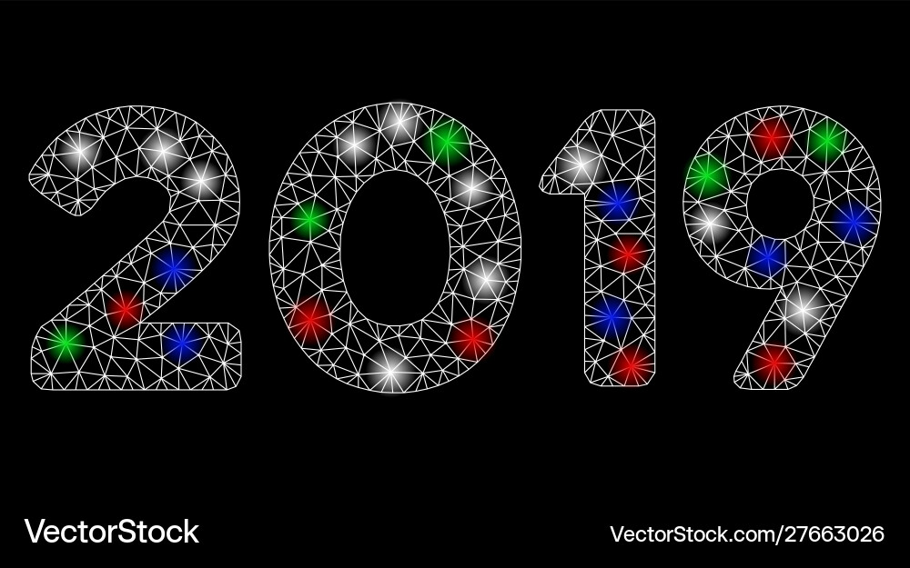 Bright mesh 2d 2019 digits text with flash spots Bright mesh 2d 2019 digits text with flash spots vector image