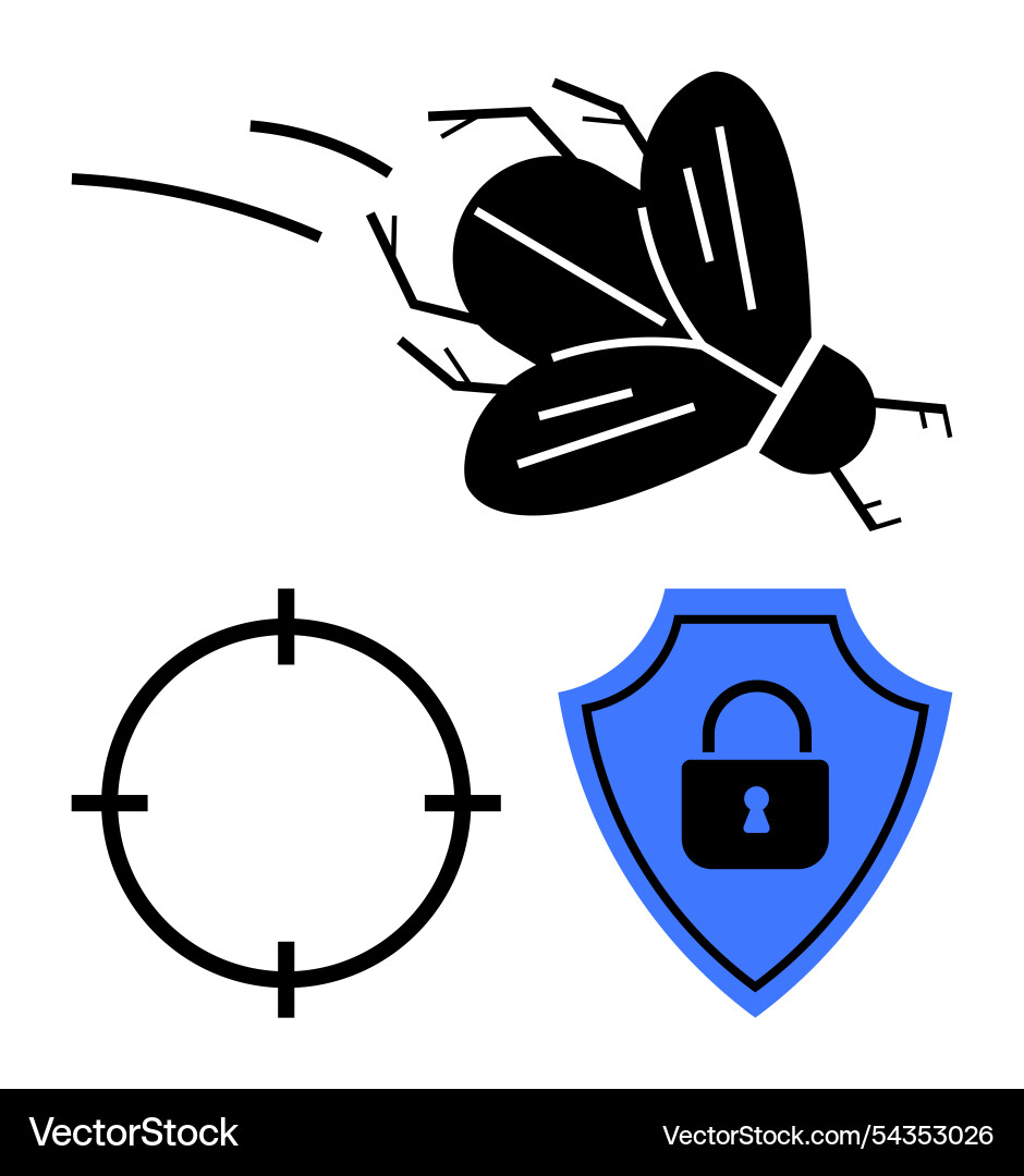 Cybersecurity shield with lock fly bug Cybersecurity shield with lock fly bug vector image