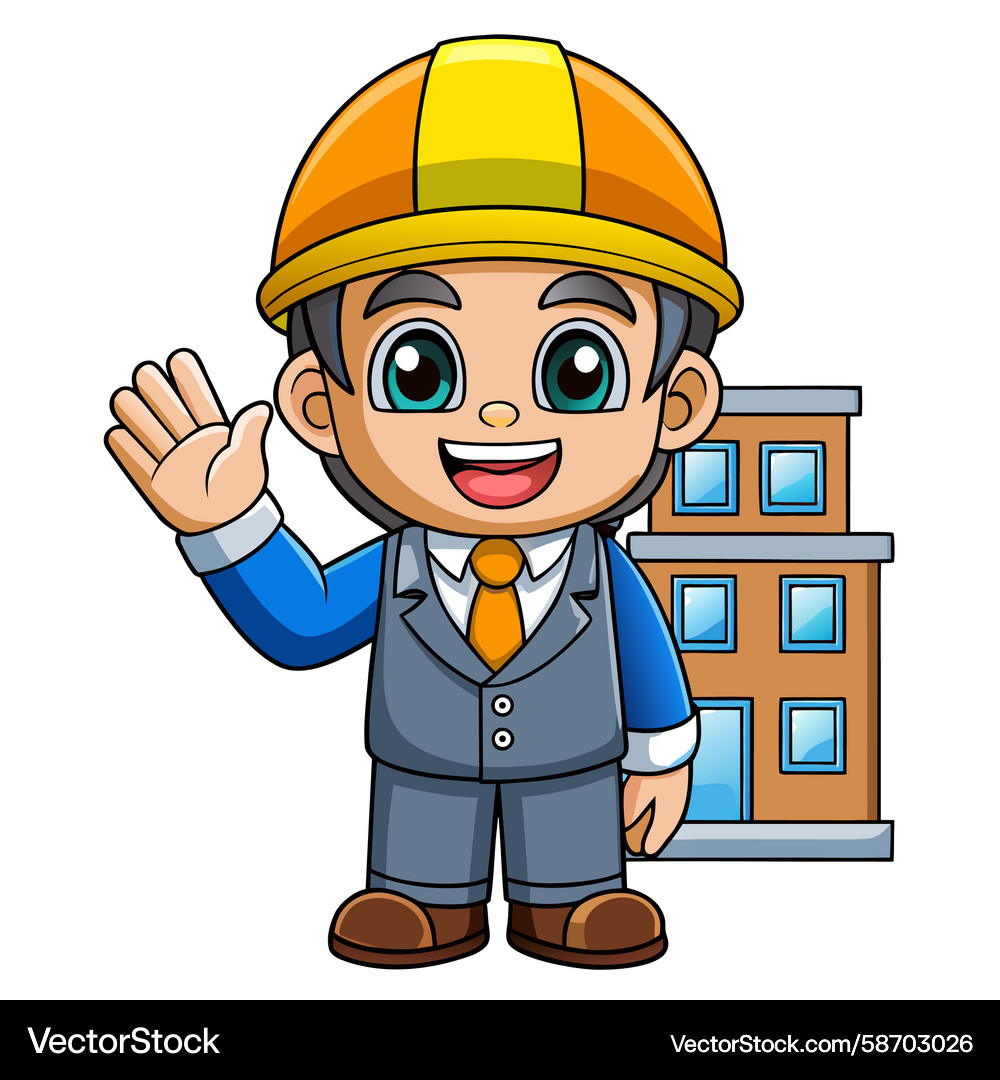 Engineer Waving in Front of Building Vector Image