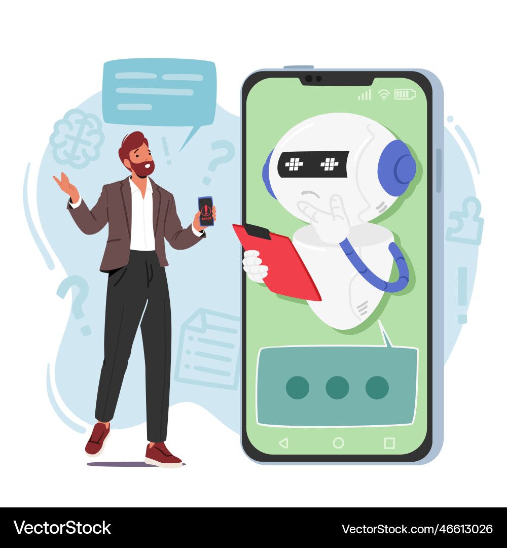 Man character utilizes chatbot for technical Man character utilizes chatbot for technical vector image