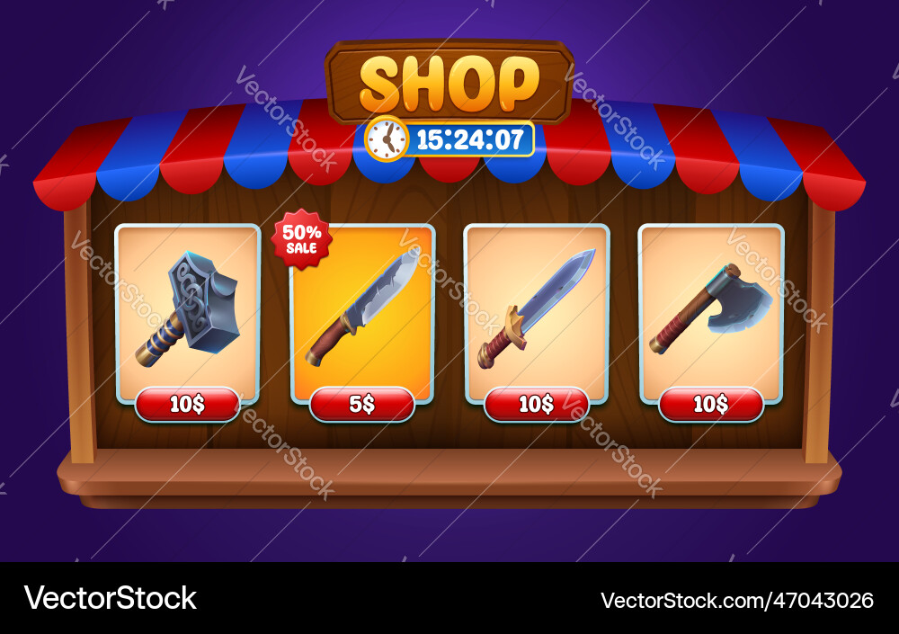 Ui game store frame with weapon icon and button Ui game store frame with weapon icon and button Vector Image