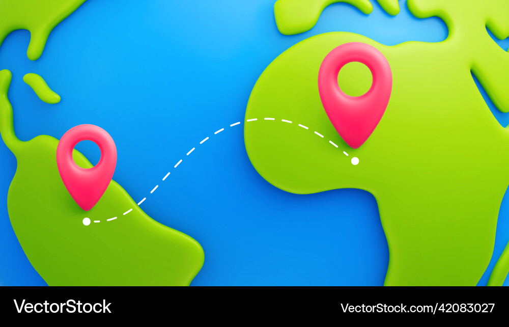 Cartoon world map with red pointers and route vector image
