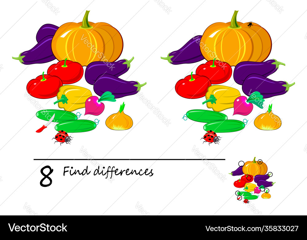Find 8 differences logic puzzle game for children Find 8 differences logic puzzle game for children vector image