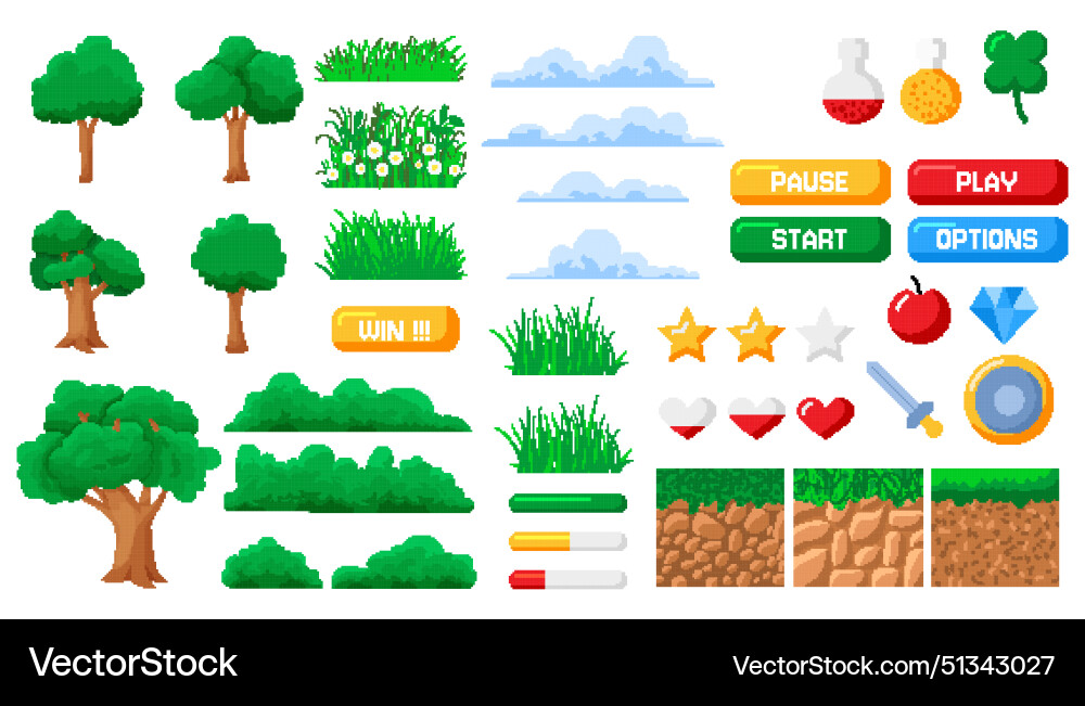 Pixel game tree arcade level landscape retro bit Vector Image