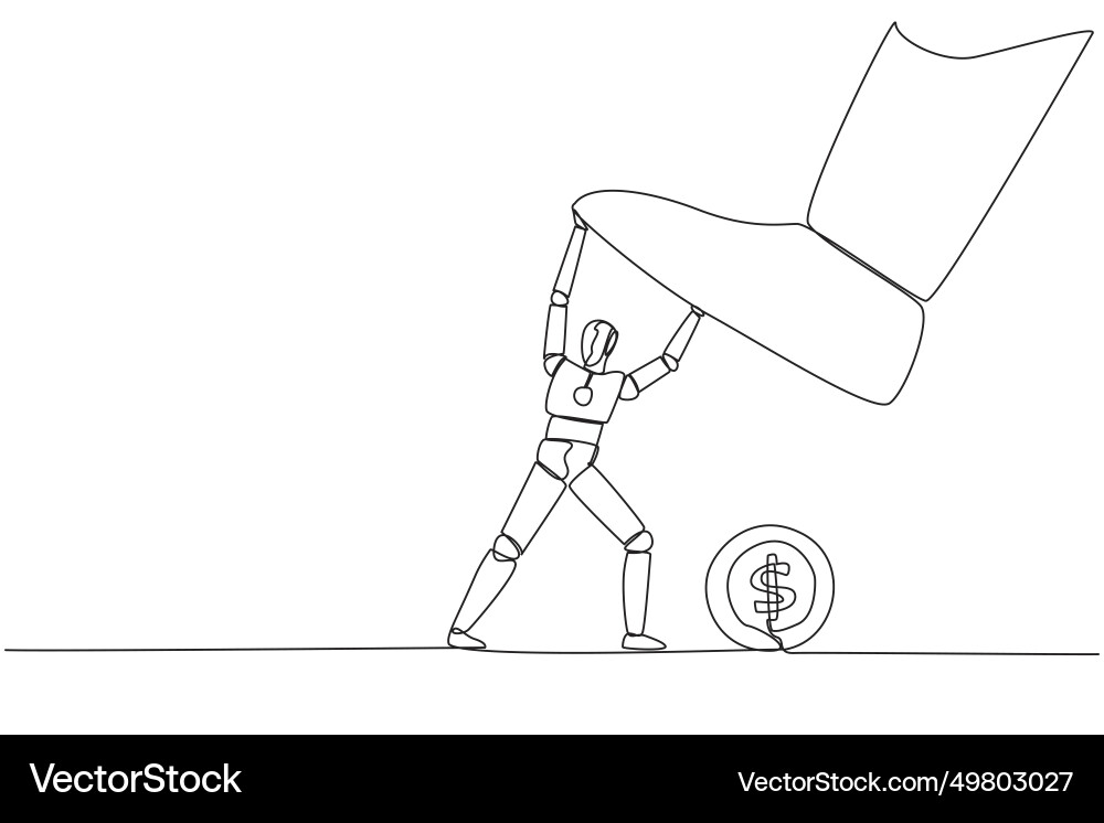 Single continuous line drawing smart robot holds Single continuous line drawing smart robot holds vector image